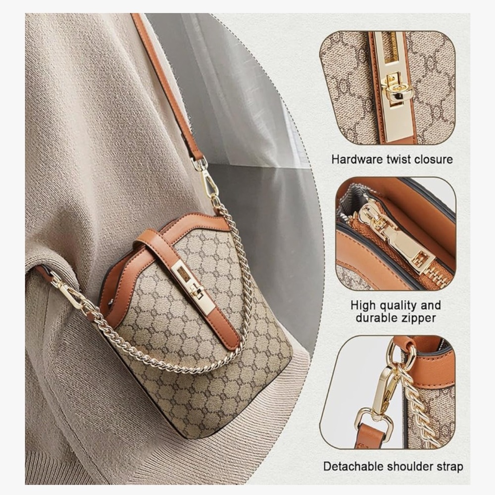 🆕 Designer-Inspired Monogram Bucket Bag in Beige and Tan - Picture 2 of 6